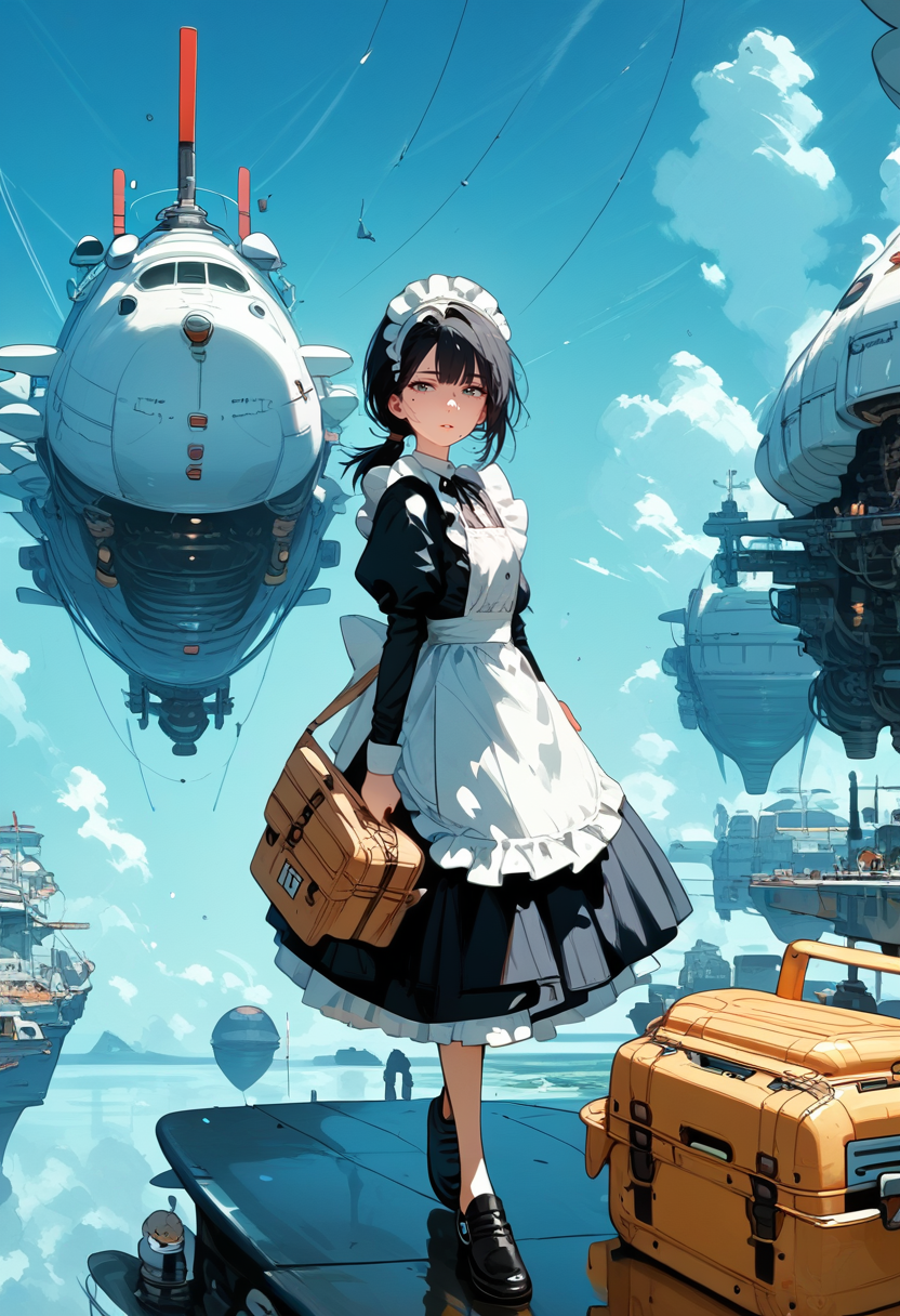 score_9, score_8_up, score_7_up, score_6_up, score_5_up, score_4_up, source_anime, 1girl, solo, 18yo, (slim face:1.5), (bangs:1.2), skinny, thin body, wide hips, thin thighs, full body, from above,
<lora:age_slider_v4:2> <lora:Expressive_H:1><lora:Kenva:0.8> <lora:naipf:0.6>
light smile, walking, looking at viewer, black hair, short hair, low ponytail, parted lips, maid cap, black long sleeve maid shirt, bow, (white apron:1.1), (black maid skirt:1.1), long skirt, (frilled apron:1.1), black footwear, (holding large old Travel trunk:1.4), sky world, scenery<lora:sky_world:1>
