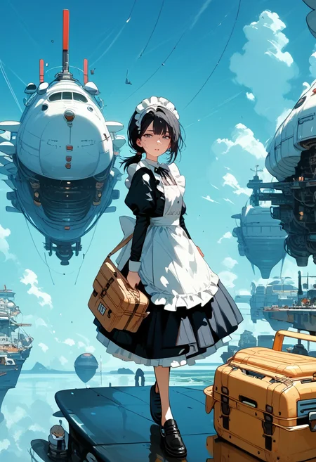 score_9, score_8_up, score_7_up, score_6_up, score_5_up, score_4_up, source_anime, 1girl, solo, 18yo, (slim face:1.5), (bangs:1.2), skinny, thin body, wide hips, thin thighs, full body, from above,
<lora:age_slider_v4:2> <lora:Expressive_H:1><lora:Kenva:0.8> <lora:naipf:0.6>
light smile, walking, looking at viewer, black hair, short hair, low ponytail, parted lips, maid cap, black long sleeve maid shirt, bow, (white apron:1.1), (black maid skirt:1.1), long skirt, (frilled apron:1.1), black footwear, (holding large old Travel trunk:1.4), sky world, scenery<lora:sky_world:1>