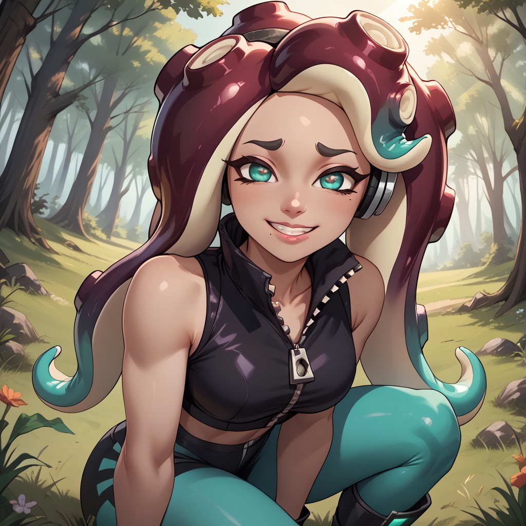 score_9, score_8, BREAK, marina(splatoon), octoling, dark brown skin, teal eyes with pink pupils in shape of infinity form, teal gradient on her fingers, dark brown tentacles with teal tips for hair, sleeveless black crop top, huge zipper, black short, teal tights, black boots, sexy pose, self portrait, smile, outdoors, sunlight, shadows, evening lighting, natural lighting, forest, trees, grass, orange sky, sunset