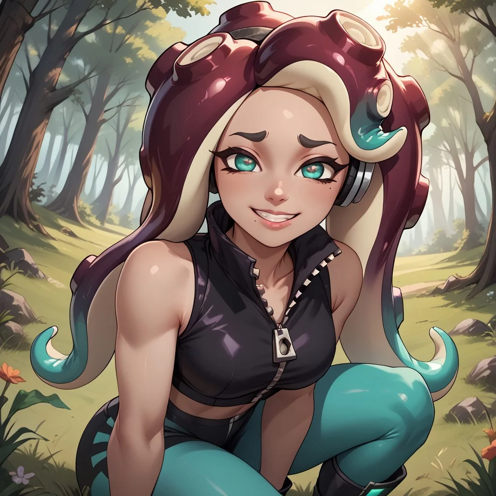 score_9, score_8, BREAK, marina(splatoon), octoling, dark brown skin, teal eyes with pink pupils in shape of infinity form, teal gradient on her fingers, dark brown tentacles with teal tips for hair, sleeveless black crop top, huge zipper, black short, teal tights, black boots, sexy pose, self portrait, smile, outdoors, sunlight, shadows, evening lighting, natural lighting, forest, trees, grass, orange sky, sunset