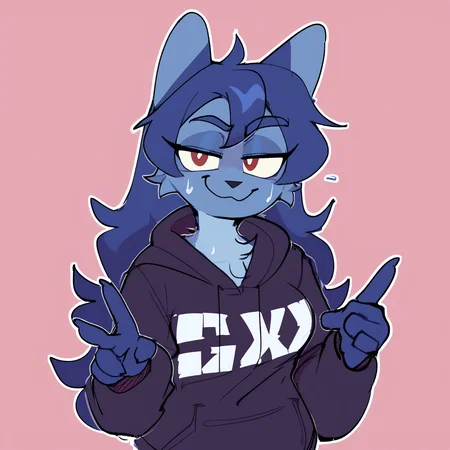 score_9_up, score_8_up, score_7_up, score_6_up, by remanedur, half-length portrait, furry female, blue ears, furry, blue hair, long hair, looking at viewer, solo, smile, smug, smug face, smug grin, text on clothing, three-quarter view, suggestive gesture, dolphin shorts, hoodie, sneakers, sweat, standing, tail, simple background, white outline, <lora:Leah_Pines(AIM)_XL_v1:0.25> <lora:PDXL_artist_tags_v2_big:0.6> <lora:The-Minuscule-Task_PDXL_v1.0:0.6> <lora:Mini_Puppy_In_Space:0.75>