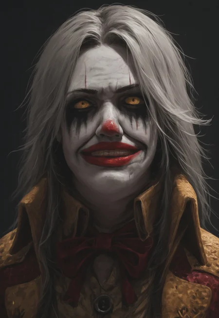 safe_pos, safe_pos, safe_pos, safe_pos, score_9, score_8_up, score_7_up, white hair, white wig, score_6_up, 1 female girl dbd_clown, facepaint, clown jacket, suspender, black boots, striped pants,, tangled damp white hair,, smile, grin, teeth, constricted pupils, red lips, rainbow-colored shoulder-length damp hair, female, feminine face, long hair, woman, female, girl, clowngirl
, yellow teeth, , red tongue, teeth, front view, white painted skin, evil smil, Satisfied smile, yellow eyes, black pupils, looking at viewer, horror, scary face, monstrous, evil, expressiveh, g0thicPXL, glowing, neon,, zPDXL2