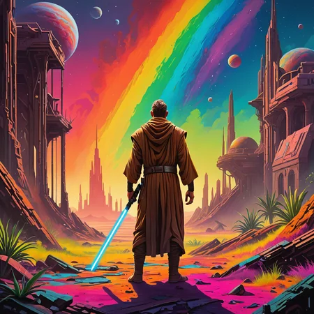 vivid messy homoerotic oil painting of a jedi with a lightsaber on a science fiction exoplanet with ruined buildings, silhouette, vibrant rainbow neon colors, vegetation, illustration, highly detailed, high quality,