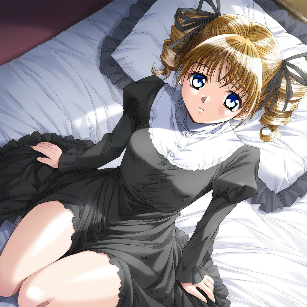 score_9, score_8_up, score_7_up, source_anime, rating_explicit, BREAK <lora:Yukiyanagi_Yuzu_XL:0.9> Yukiyanagi_Yuzu,   brown hair, blonde hair, small breasts, 
1girl, solo, blue eyes, frills, frilled pillow,  black dress, white long sleeve, button,  bed, sitting, pillow, long sleeves, from above, clothes lift,