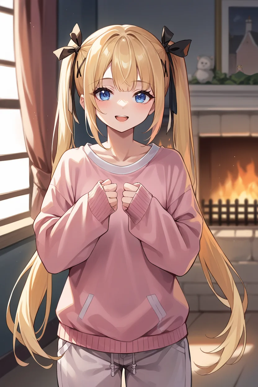 score_9, score_8_up, score_7_up, score_6_up, source_anime, BREAK 1girl <lora:marierose-pdxl-nvwls-v1-000006:1> doamarie, blonde hair, twintails, x hair ornament, hair ribbon, pink sweater, sleeves past wrists, oversized clothes, pajama pants, fireplace, happy, looking at you, mansion