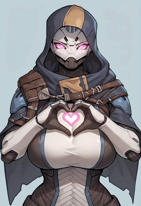 score_9, score_8_up, score_7_up, score_6_up, score_5_up, score_4_up, source_anime, 1girl, solo, <lora:ElsieBray:0.9> solo, colored skin, white skin, robot, pink eyes, glowing eyes, huge breasts, bodysuit, hood, hood up, cape, from front, upper body, heart hands, heart pupils,
light blue background, simple background,