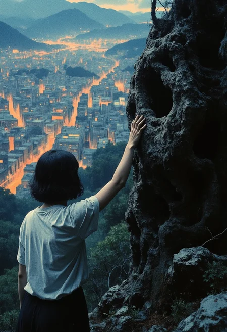 Nighttime hillside overlooking a sprawling cityscape filled with glowing orange and white lights, the view slightly blurred in the background. In the foreground, a person with short, dark hair wearing a simple white top, seen from behind, is reaching out to touch a large, mysterious dark textured surface resembling organic material or a tree trunk. The dark structure dominates the right side of the frame, its rough, uneven surface contrasting with the smooth glow of the city lights. The scene is illuminated by soft, ambient light, creating a cinematic and mysterious atmosphere. The composition focuses on the dynamic interaction between the person and the structure, with the cityscape adding depth and context. Highly detailed, realistic textures, dramatic lighting, cinematic framing.