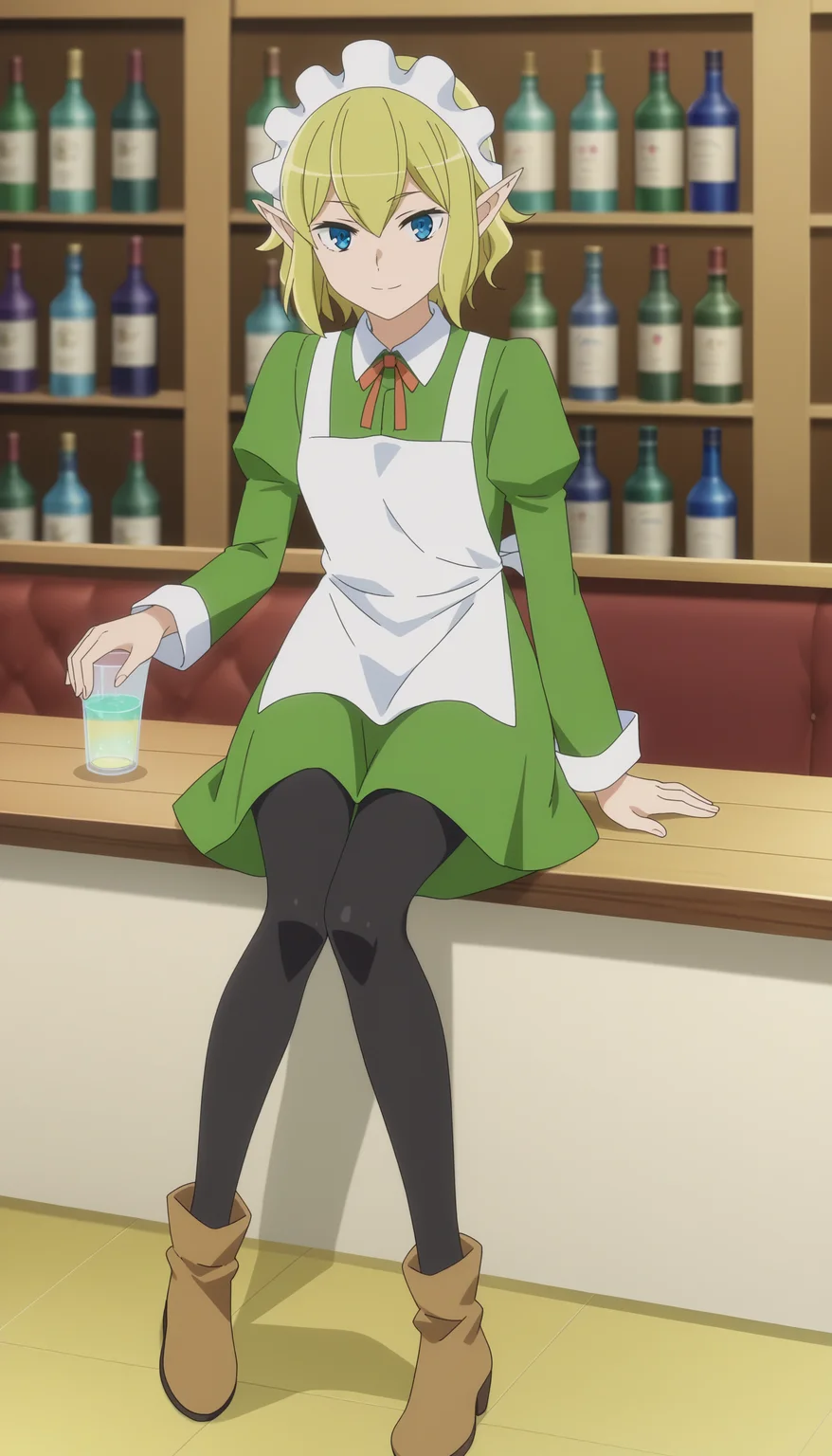 source_anime,score_8, score_9,
indoors, bar,
<lora:RyuuSDXL:0.9>,1girl,solo, short hair, blonde hair, blue eyes, pointy ears, hair between eyes,looking at viewer,smile,sitting,
green dress, maid headdress, maid apron, black pantyhose, brown footwear, long sleeves, maid,neck ribbon,
anime screencap, anime coloring,