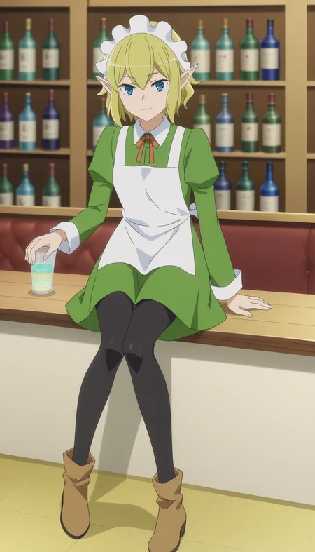 source_anime,score_8, score_9,
indoors, bar,
<lora:RyuuSDXL:0.9>,1girl,solo, short hair, blonde hair, blue eyes, pointy ears, hair between eyes,looking at viewer,smile,sitting,
green dress, maid headdress, maid apron, black pantyhose, brown footwear, long sleeves,  maid,neck ribbon, 
anime screencap, anime coloring,