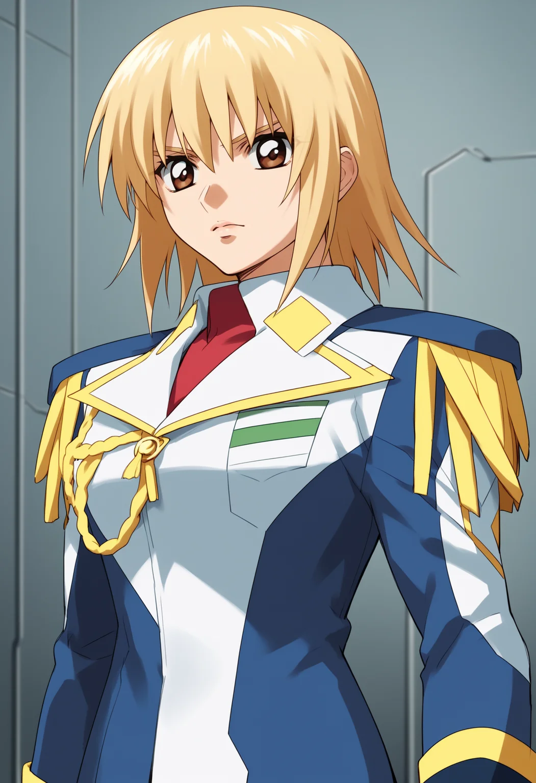 score_9, score_8_up, score_7_up, score_6_up, score_5_up, score_4_up, BREAK, source_anime,
1girl, cagalli, blonde hair, brown eyes,
commander, epaulettes, military uniform,
upper body, looking at viewer, solo, futuristic control room background <lora:CagalliYulaXL:1>