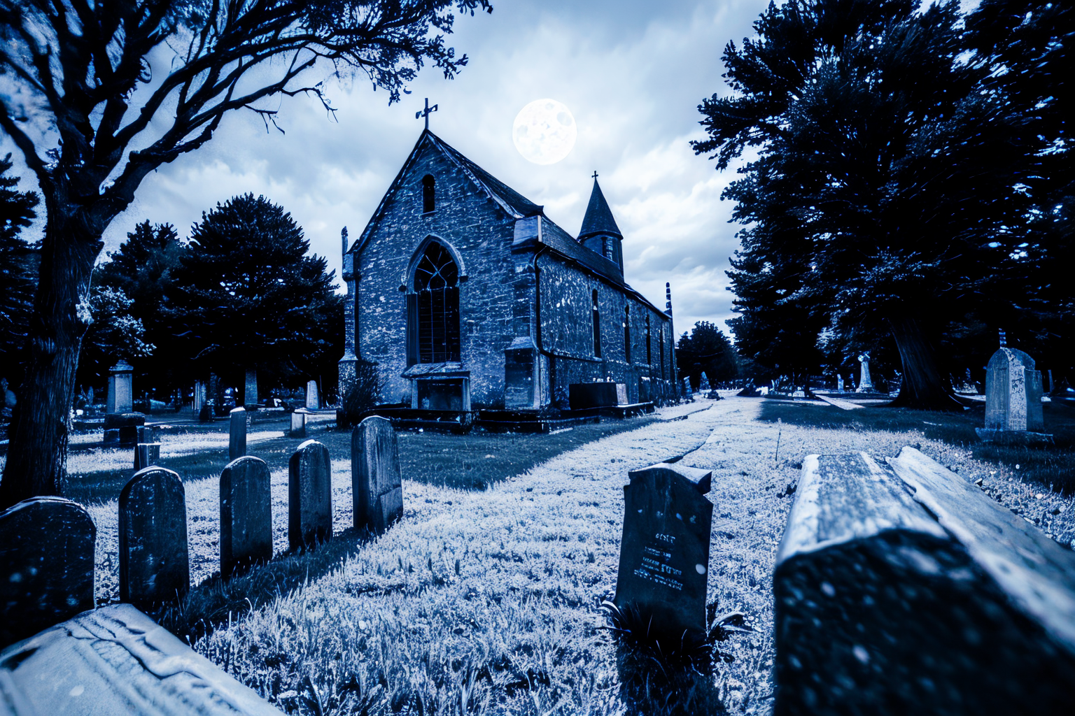 (Realisitc:1.5) EdobChurchCemeteryCreepyNight church a cemetery, black sky, with a full moon in the background <lora:EdobChurchCemeteryCreepyNight_v1.0:0.8>