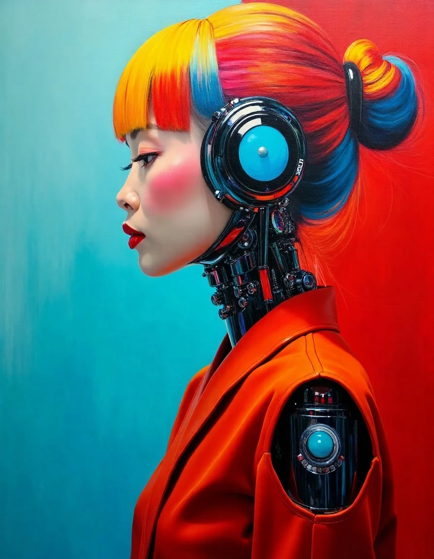 An harajuku diy Tokyo woman with colors on her head and arms, which is painted on a canvas, in the style of robotic expressionism, monumental figures in profile, light azure and red, monumental ensembles, transparent layers, japanese-influenced prints, hyperrealistic compositions , inner-tension, self-contradictory paradoxical expression, bored meaningless ineptitude expresses the most accidental beauty. Adding depth to the composition. High resolution, high detail., 1girl, perfectly flat chest, tiny perky tits