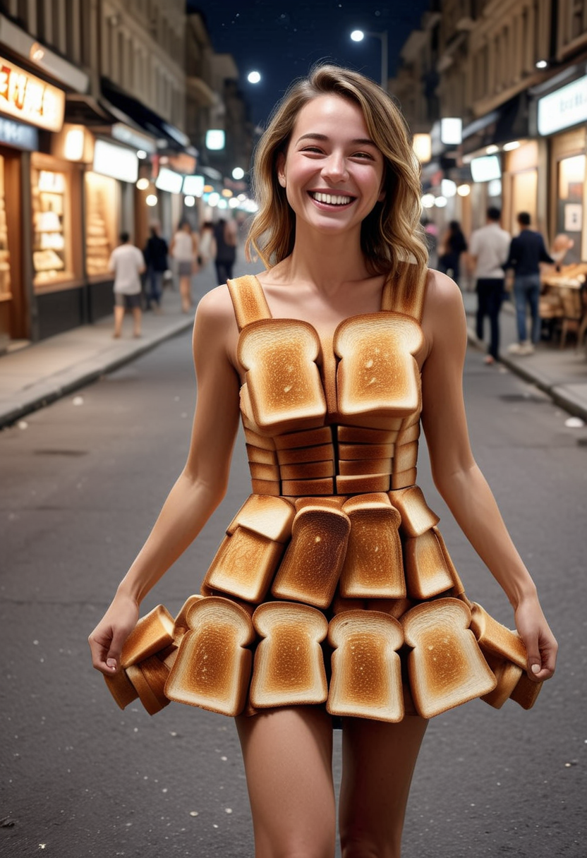 T04STS, a woman wearing a dress made of toasts,  woman smiling, set in the street at night, city, ,Masterpiece,best quality, raw photo, realistic, very aesthetic