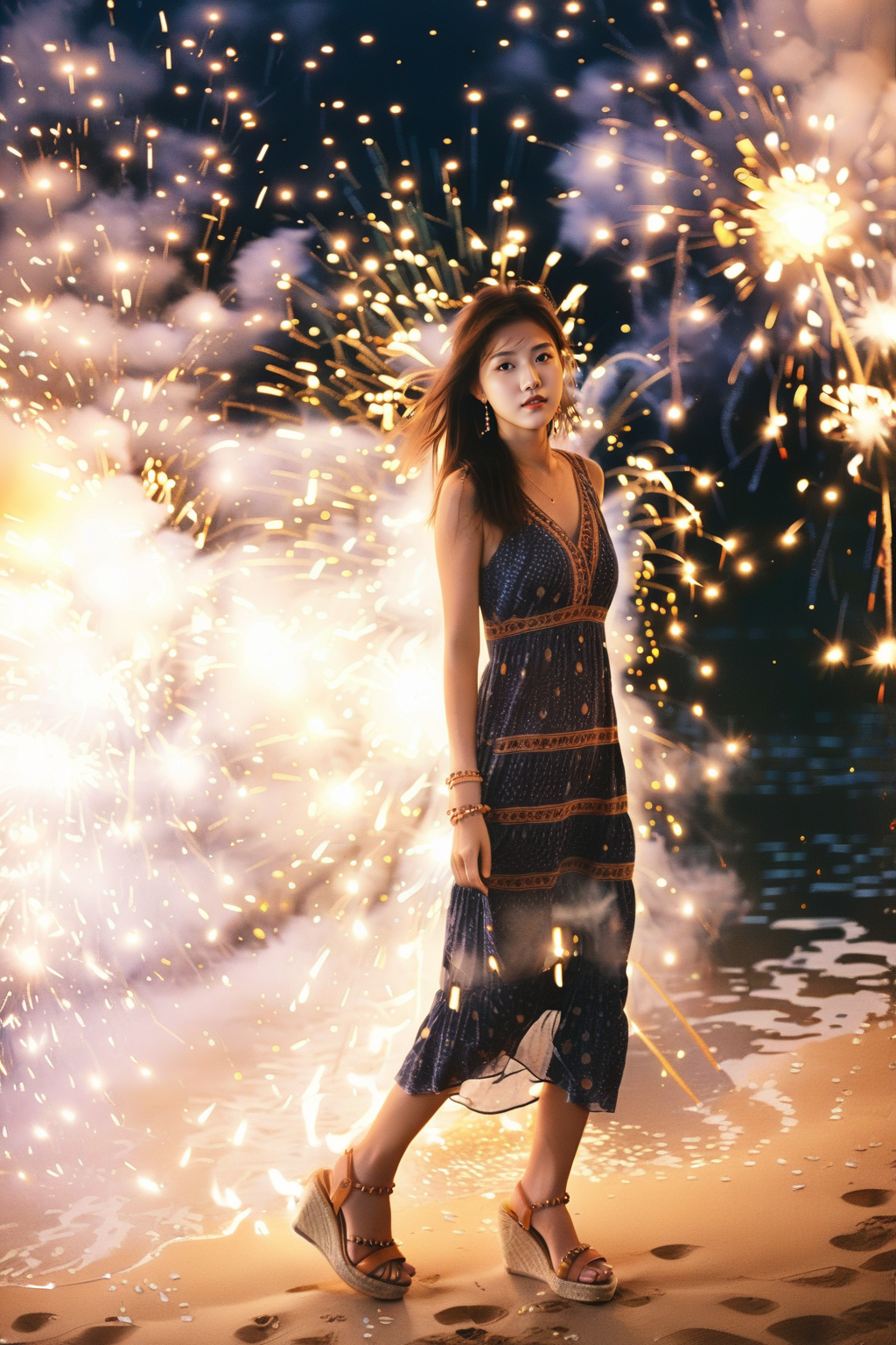 an asian girl,(Boho_printed_dress:1.5),(Straw_wedge_sandals:1.4),(Beaded_bracelets:1.3),film grain texture,analog photography aesthetic,fire,fireworks,night,<lora:disillusion Â· fireworks_SDXL:1>,