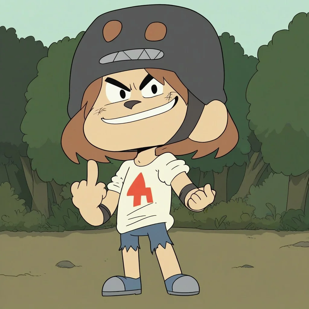 score_9, solo, handlebarb, brown hair, short hair, helmet, short stack, big boobies, furry, turning into a werewolf,
, looking at the viewer, middle finger, smug, grin,