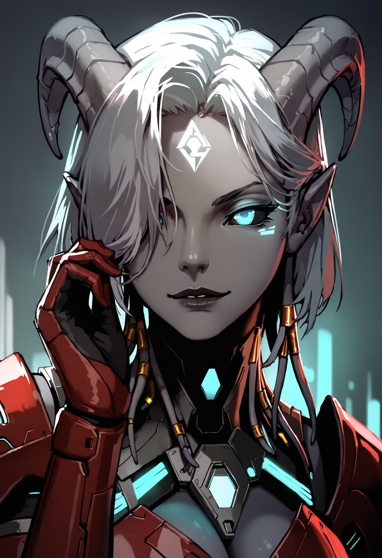 score_9, score_8_up, score_7_up, solo, dutch angle, sinozick style, close up,
draenei, horns, medium hair, hair over one eye, gray skin, dark lips, bright blue eyes, black sclera,
smirk,
futuristic, scifi, red armor, gloves, technology, glowing, neon, holographic display,
<lora:GTHAN:0.4>, <lora:Expressive_H:0.3>, <lora:as109Style:0.8>, <lora:LLDN:0.6>,