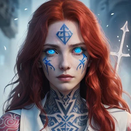 bright red hair, human female, (feminine:1.7), (beautiful face, detailed face:1.6), (beautiful eyes, detailed eyes:1.7), (looking at viewer, eye contact, intense:1.6), (long hair, red hair, curly hair:1.3), , ((masterpiece, best quality, high resolution, realistic, best quality,)), photo realistic, Perfect Face, (detailed face). <lora:GoodHands-vanilla:0.6> <lora:add-detail-xl:0.8>, mage, (Dress White military uniform coat), dagger, rune dagger, glowing runes, , (((glowing magic symbols tattoos, religious tattoos))), ((face tattoos)), glowing tattoos, stone tower in the background