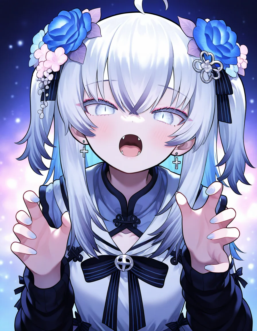 azuma seren,1girl,solo,looking at viewer,(fangs:0.8),detached sleeves,open mouth,pupils,<lora:seren-000011>,(four fingers:0.8),, masterpiece, best quality, very aesthetic, absurdres,newest, incredibly absurdres,