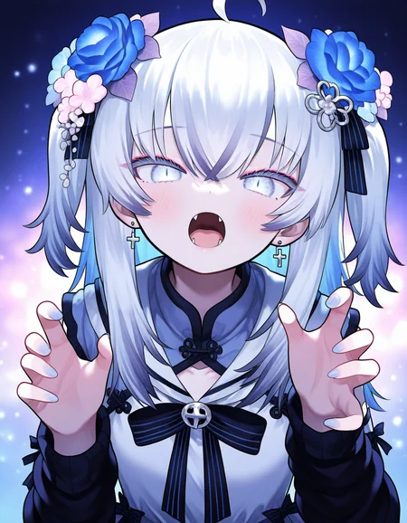 azuma seren,1girl,solo,looking at viewer,(fangs:0.8),detached sleeves,open mouth,pupils,<lora:seren-000011>,(four fingers:0.8),, masterpiece, best quality, very aesthetic, absurdres,newest, incredibly absurdres,