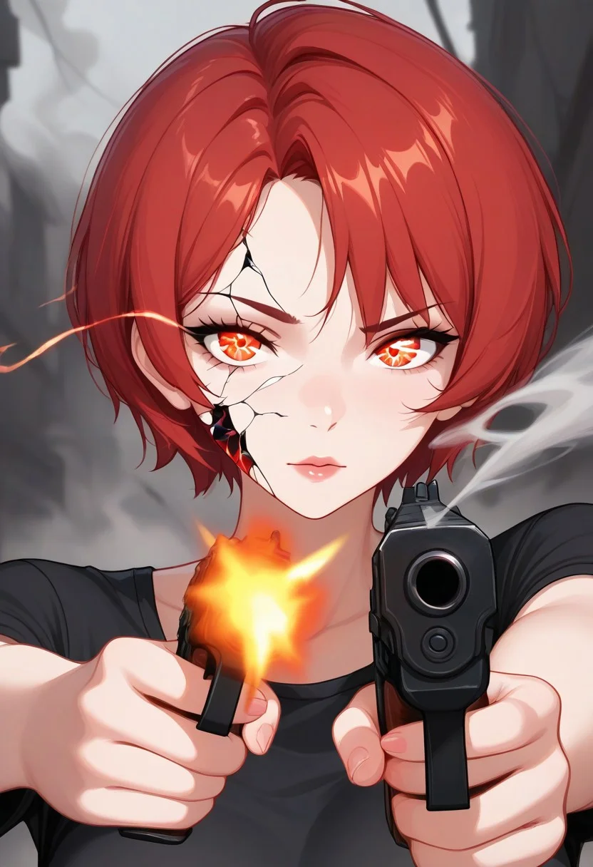 embedding:lazypos, 1girl, red hair, short hair, mature, aiming at viewer, gun, smoke, fired shot, close up, looking at viewer, pointing at viewer, eye trail, black shirt, four fingers,cracked skin