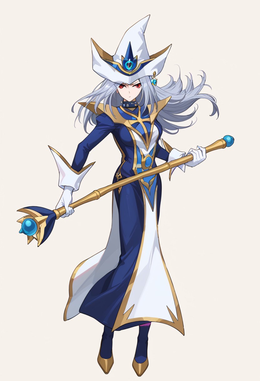 score_9, score_8_up, score_7_up, source_anime, good anatomy, 1girl, solo, SilentMagicianOG, long hair, silver hair, swept bang, red eyes, medium breasts, SiMaZero, white and blue tabard with gold trim, very long dress, blue dress, white gloves with gold trim, gold trim, puffy sleeves, white and blue hat with gold trim, wizard hat, metal choker, side slit, blue thighhighs with gold trim, white high heels, standing, spread legs, fluttering tabard, fluttering dress, gold and blue stick, holding stick, holding, holding gold and blue stick, fighting stance, glaring