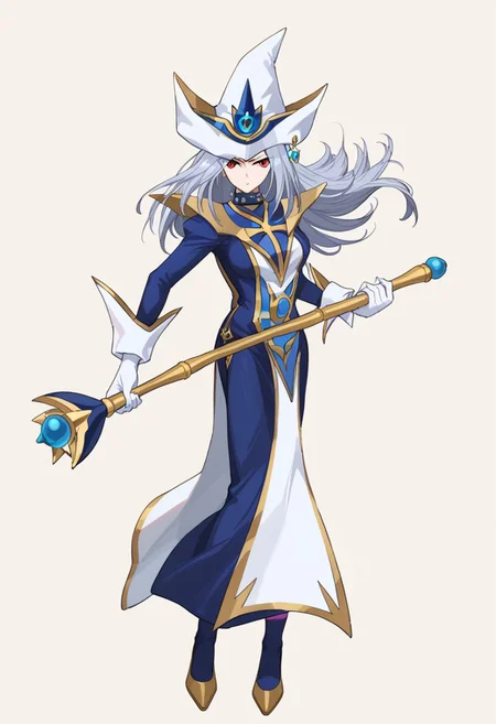 score_9, score_8_up, score_7_up, source_anime, good anatomy, 1girl, solo, SilentMagicianOG, long hair, silver hair, swept bang, red eyes, medium breasts, SiMaZero, white and blue tabard with gold trim, very long dress, blue dress, white gloves with gold trim, gold trim, puffy sleeves, white and blue hat with gold trim, wizard hat, metal choker, side slit, blue thighhighs with gold trim, white high heels, standing, spread legs, fluttering tabard, fluttering dress, gold and blue stick, holding stick, holding, holding gold and blue stick, fighting stance, glaring