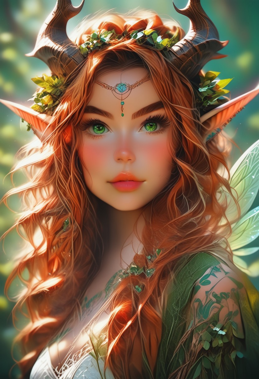 A detailed prompt for this image of a humanoid feminine fairy with a pale mauve skin, intricate pearlescent horns, and multiple eyes, set against a vibrant green background. The fairie face is expressive, with a hint of curiosity and intelligence in its gaze. Its body is covered in intricate patterns and markings, suggesting a complex and ancient culture. The background is filled with flowers andushrooms, creating a sense of mystery and wonder.
The flowers in her hair are a perfect, and they add a touch of femininity to her otherwise magical appearance. The forest is a perfect setting for this image, and it adds to the overall sense of mystery and intrigue.
The fairies wings are sleek and shiny. pureerosface_v1, hourglass body shape, realistic, redhead, ginger hair, freckles, green eyes, full lips, long hair,, NightElf, in armor, diadem, horns