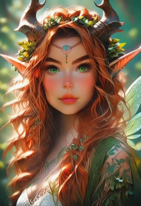 A detailed prompt for this image of a humanoid feminine fairy with a pale mauve skin, intricate pearlescent horns, and multiple eyes, set against a vibrant green background. The fairie face is expressive, with a hint of curiosity and intelligence in its gaze. Its body is covered in intricate patterns and markings, suggesting a complex and ancient culture. The background is filled with flowers andushrooms, creating a sense of mystery and wonder.
The flowers in her hair are a perfect, and they add a touch of femininity to her otherwise magical appearance. The forest is a perfect setting for this image, and it adds to the overall sense of mystery and intrigue.
The fairies wings are sleek and shiny. pureerosface_v1, hourglass body shape, realistic, redhead, ginger hair, freckles, green eyes, full lips, long hair,, NightElf, in armor, diadem, horns