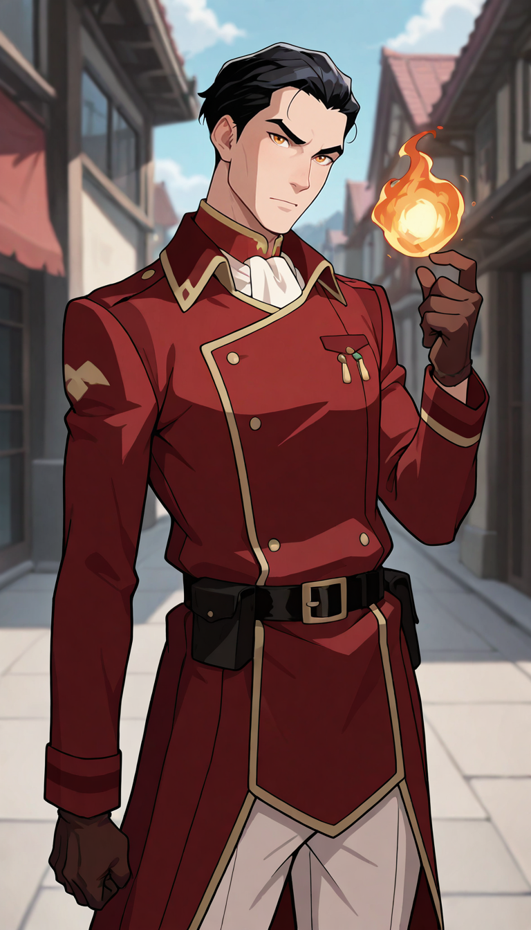 masterpiece,best quality,absurdres,newest,perfect quality,best quality,absolutely eye-catching,detailed background,intricate details,male focus,solo,<lora:Legend of Korra - General Iroh - Illustrious-000006:0.7>,geniroh,black hair,short hair,slicked back hair,amber eyes,short red uniform coat,brown belt,white pants,white neckerchief,brown gloves,outdoors,head tilt,looking at viewer,casting spell,holding fireball,