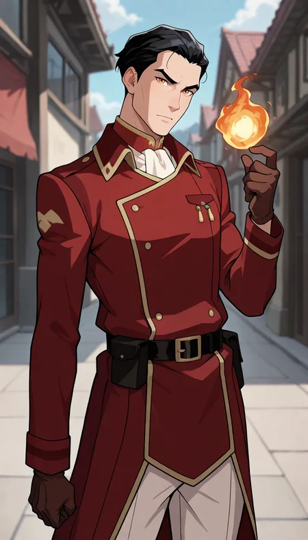masterpiece,best quality,absurdres,newest,perfect quality,best quality,absolutely eye-catching,detailed background,intricate details,male focus,solo,<lora:Legend of Korra - General Iroh - Illustrious-000006:0.7>,geniroh,black hair,short hair,slicked back hair,amber eyes,short red uniform coat,brown belt,white pants,white neckerchief,brown gloves,outdoors,head tilt,looking at viewer,casting spell,holding fireball,