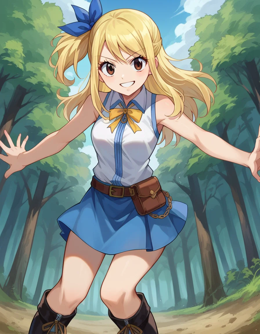 score_9, score_8_up, score_7_up, source_anime,
lucyheartfilia, <lora:lucy-heartfilia-ponyxl-lora-nochekaiser:1>,
lucy heartfilia, blonde hair, brown eyes, one side up, ribbon, hair ribbon, blue ribbon, long hair, smile,
skirt, shirt, bare shoulders, boots, sleeveless, blue skirt, sleeveless shirt, white shirt, zipper,
outdoors, forest, nature,
looking at viewer, cowboy shot, dutch angle, dynamic pose,