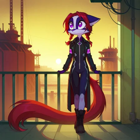 Dreamkeepers,Indi_and_Digo,1girl,solo,furry,tail,source_furry,,red hair,purple fur, purple eyes,
kid, child,
High-resolution semi-realistic anime-style illustration, soft painterly shading, a young woman standing on a steel platform in a vast container port at dawn. Towering cranes loom overhead, their silhouettes cutting through the soft golden light as the sun rises over the misty harbor. Her auburn hair is styled into loose twin braids, strands catching in the cool morning breeze. She wears a long, sleek leather trench coat, left open to reveal a fitted black bodysuit underneath, paired with high-waisted cargo pants and sturdy combat boots. The coat billows slightly as she stands with one foot resting on the platform railing, gazing over the fog-covered shipping containers. Streaks of mist curl around the vibrant metal stacks, their colors muted by the diffused morning light. In the distance, the faint hum of machinery echoes through the industrial maze, blending with the distant call of seagulls. Painterly cool grays, warm ambers, and soft blues, evoking a cinematic, atmospheric, and serene industrial landscape <lora:Anime_Art_V3:0.8> <lora:FluxMythV2:0.8>