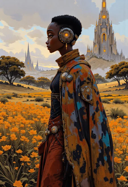 Portrait of an African woman looking at the viewer, in a futuristic shwe-swhe jumpsuit and multicoloured cloak, modern city on the horizon, plants, trees on the plain, distant pyramids, African tribal elements and jewellery, baobab trees, ambient lighting