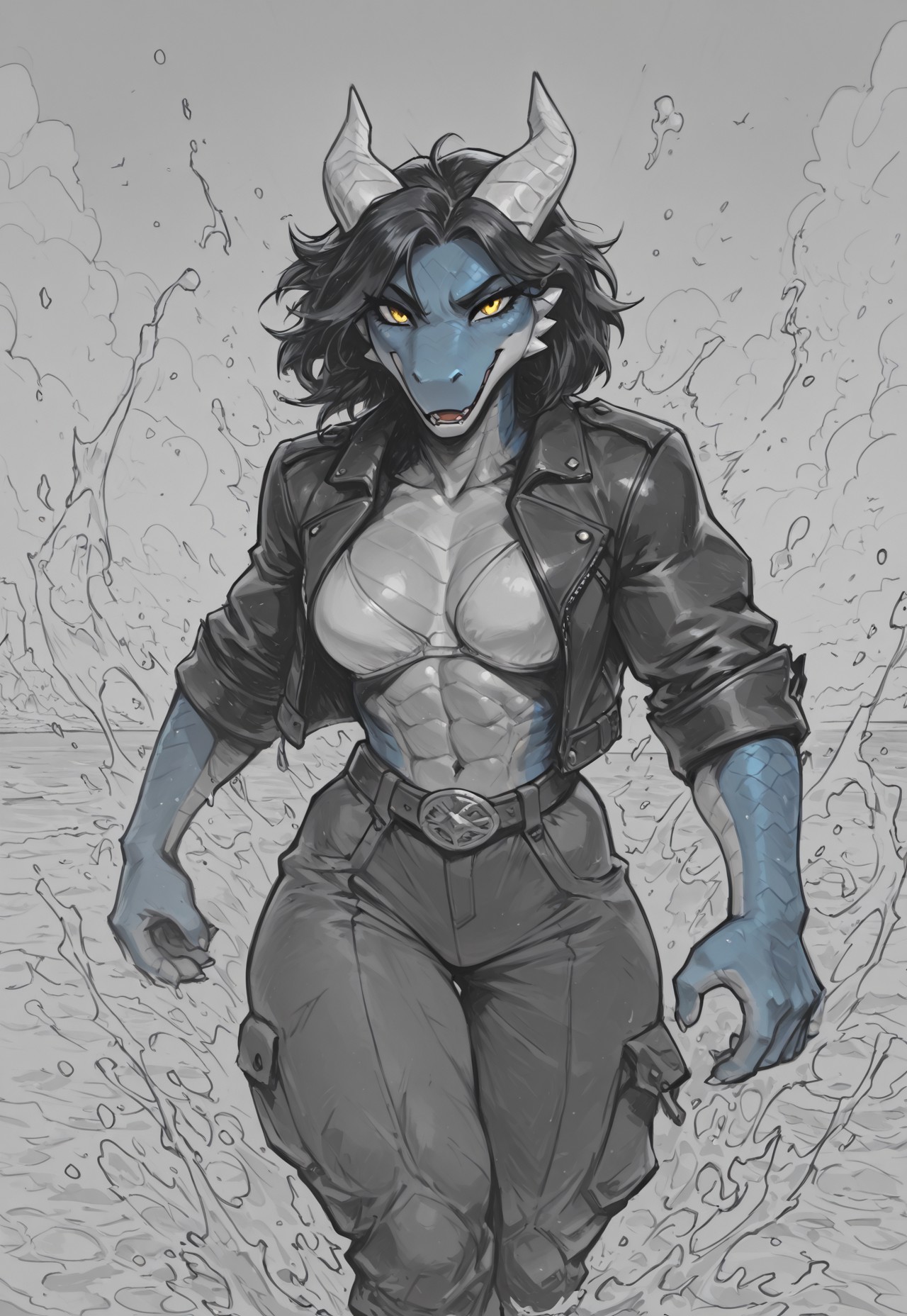 monochrome, lineart, sketch, masterpiece, best quality, amazing quality, high resolution, ultra-detailed, absurdres, newest, scenery,NovaFurryXL_LineArt, Dralthas Lilocoria, dragonborn, muscular female, blue body, two-tone body, white horns, black hair, leather jacket, small yellow eyes, anthro, dragon, anthro, solo,baggy jumpsuit, beach, splashing, water, front view, close up, looking at viewer, BREAK, detailed background, <lora:NovaFurryXL_LineArt_epoch_10:0.25>