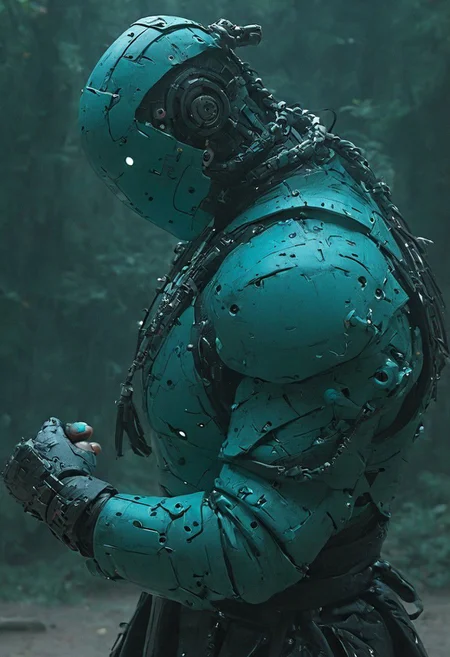 Closeup, Colorful anime By herg, Neon Cyborg in Drunken fist Style, Leaning Backwards, A feudal cyborg in drunken fist fight stance, leaning backwards, Perfect Hands,very detailed, atmospheric haze, Film grain, cinematic film still, shallow depth of field,