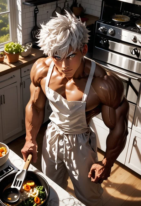 rating_explicit, solo, male focus, txt2pr0n,  (1Boys), dynamic ange, Sexy masculine, muscles, extremely attractive, handsome, square jawline, pecs, abs, veiny arms, partially clothed, work aesthetically pleasing, volumetric lighting,looking at viewer, dark tone skin, white hair, white eyebrows, gray eyes, upper body,  shitless,
cooking, wears a white apron, kitchen, pans, ingredients, kitchen background, white pants, detailed kitchen, detailed background, (((sautéing vegetables))), sunlight, morning light, focused, (((concentrated, cutting vegetables, a man cutting vegetables))), muscular back, ((((unique vision, high angle, view from above)))), happy, colorful