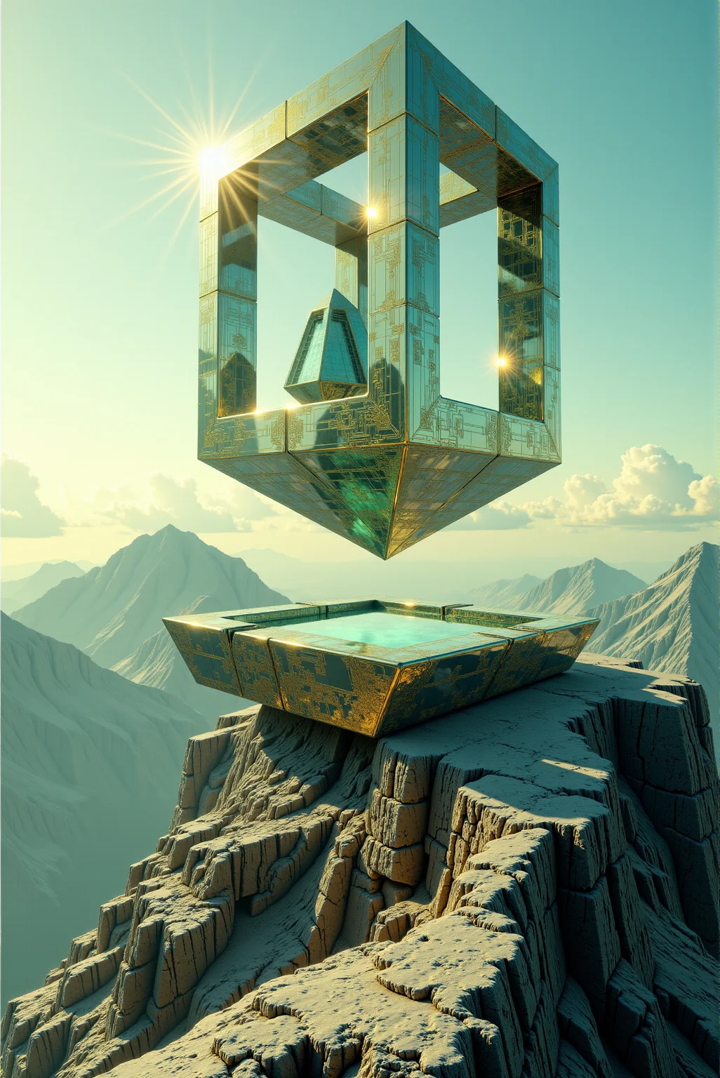 <lora:Legacy_of_the_forerunners_v.2:0.75>
A surreal architectural vision unfolds atop a jagged mountain peak, where a luxurious geometric structure with gold-trimmed glass walls rests securely within the rugged stone landscape, exuding both opulence and precision in its angular, modernist design. Rising dramatically above this grounded structure, a vast translucent cube hovers in mid-airâits mirrored and refractive surfaces enclosing a nested, floating version of the building below, perfectly preserved in golden symmetry, as though encased in a suspended dimension. The cubeâs crystal-clear walls reflect the soft cloudscape and the muted turquoise sky around it, creating a weightless visual paradox where architecture defies gravity and time. Sunlight dances across the metallic edges, casting luminous highlights that shift with the angle of view, while the contrasting textures of rough rock and flawless glass create a harmonious juxtaposition between natureâs rawness and human precision. The entire composition radiates a sense of contemplative futurism, surreal serenity, and transcendental stillness, as though this mountaintop structure and its levitating twin are guardians of an interdimensional threshold or monuments to an advanced civilizationâs silent perfection.