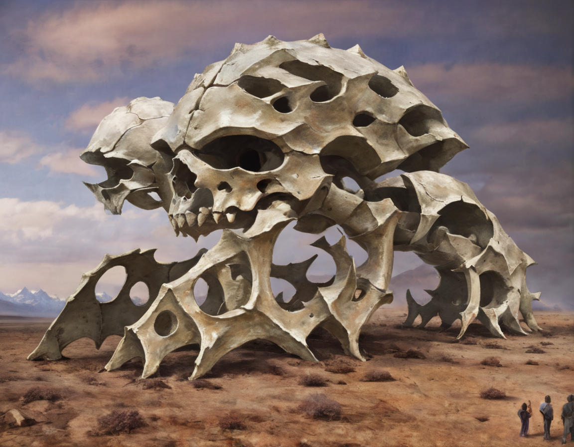 <lora:dand:0.6>dand, structure made out of giant bones, clouds, mountains, people