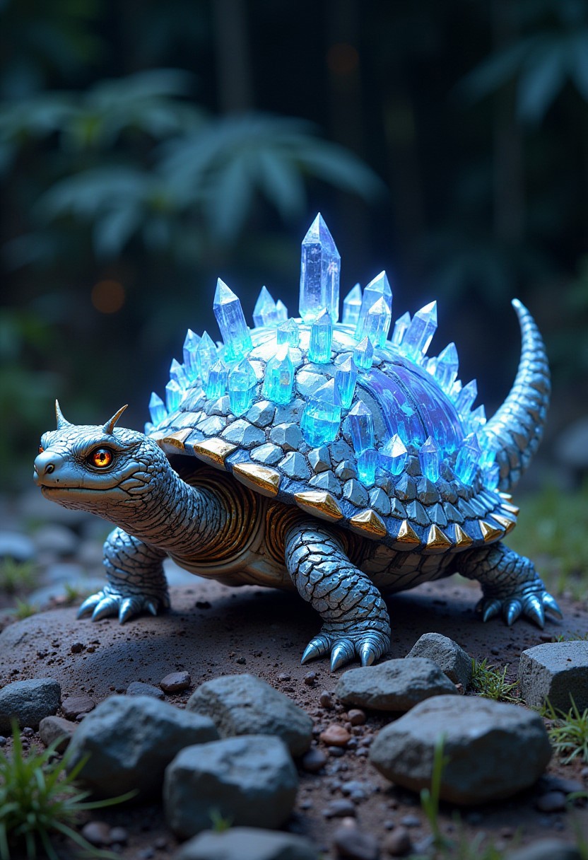 Create a unique fantasy pet companion that resembles a small turtle with crystalline armor and serpentine features. Its shell is made of gleaming, semi-transparent crystals that reflect light in iridescent colors. The creature has a long, sinuous neck and tail, both covered in fine, glass-like scales. Its eyes are sharp and gleaming, and it can curl up into its shell to become an impenetrable crystal orb. When it moves, it leaves a trail of sparkling dust, and its slow but deliberate pace gives it a sense of ancient wisdom.