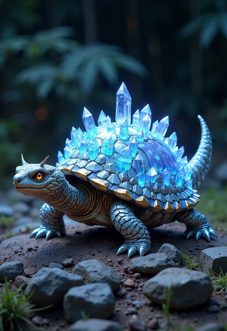 Create a unique fantasy pet companion that resembles a small turtle with crystalline armor and serpentine features. Its shell is made of gleaming, semi-transparent crystals that reflect light in iridescent colors. The creature has a long, sinuous neck and tail, both covered in fine, glass-like scales. Its eyes are sharp and gleaming, and it can curl up into its shell to become an impenetrable crystal orb. When it moves, it leaves a trail of sparkling dust, and its slow but deliberate pace gives it a sense of ancient wisdom.