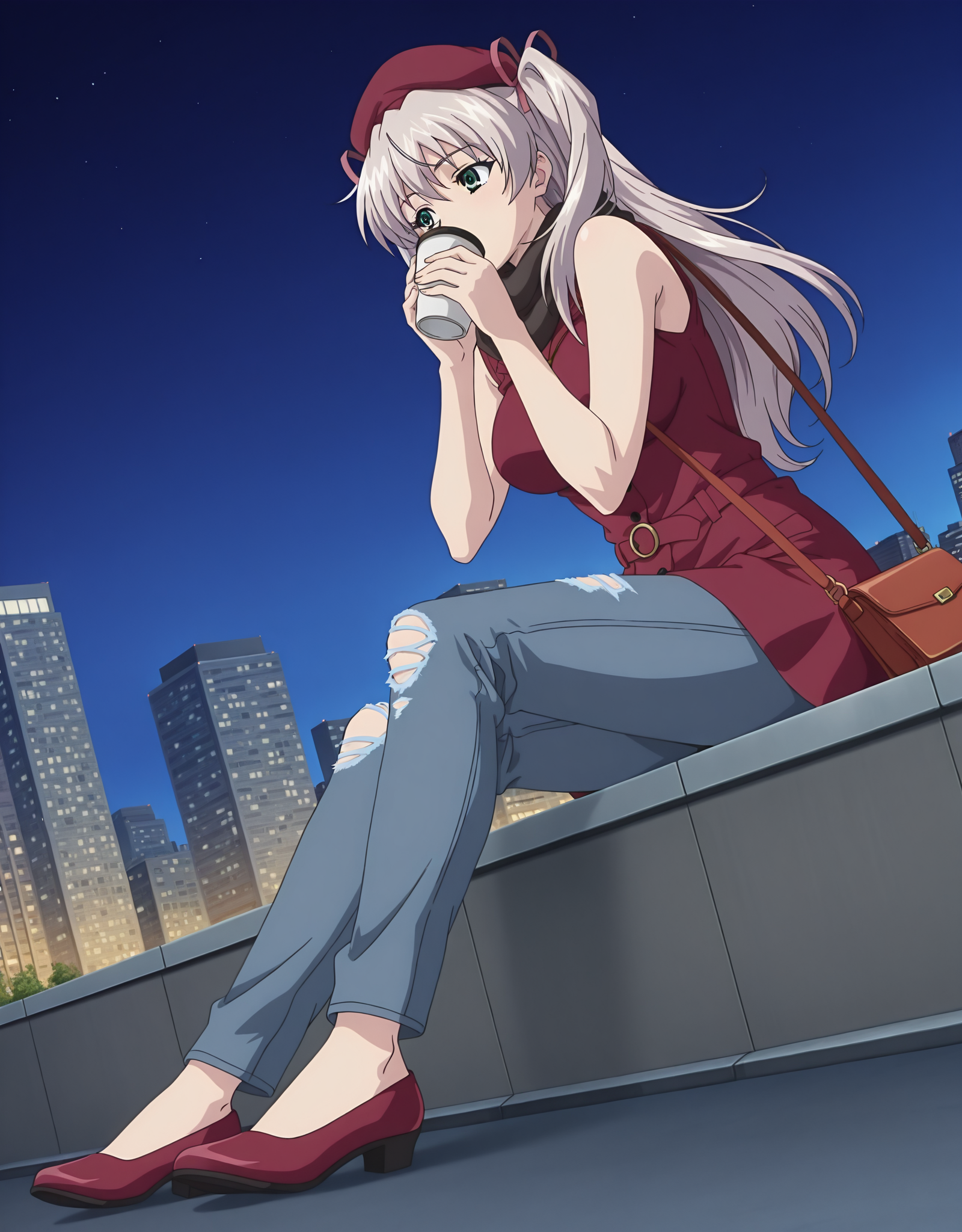 masterpiece,best quality,very aesthetic,zPDXL,2023,anime style,huge filesize,wallpaper,anime screencap,
BREAK <lora:suvia_v5-000018:0.8>,suviav5,1girl,solo,long hair,ribbon,hair ribbon,green eyes,two side up,breasts,twintails,medium breasts,grey hair,17-year-old girl,(a domineering girl:1.3),skinny,standing,dynamic_angle,dynamic_pose,close-up,fullbody,fashion,torn jeans,flat_shoes,contemporary,in spring,city,handbag,(coat:1.2),sleeveless dress,(drinking coffee:1.1),sitting,scarf,cap,