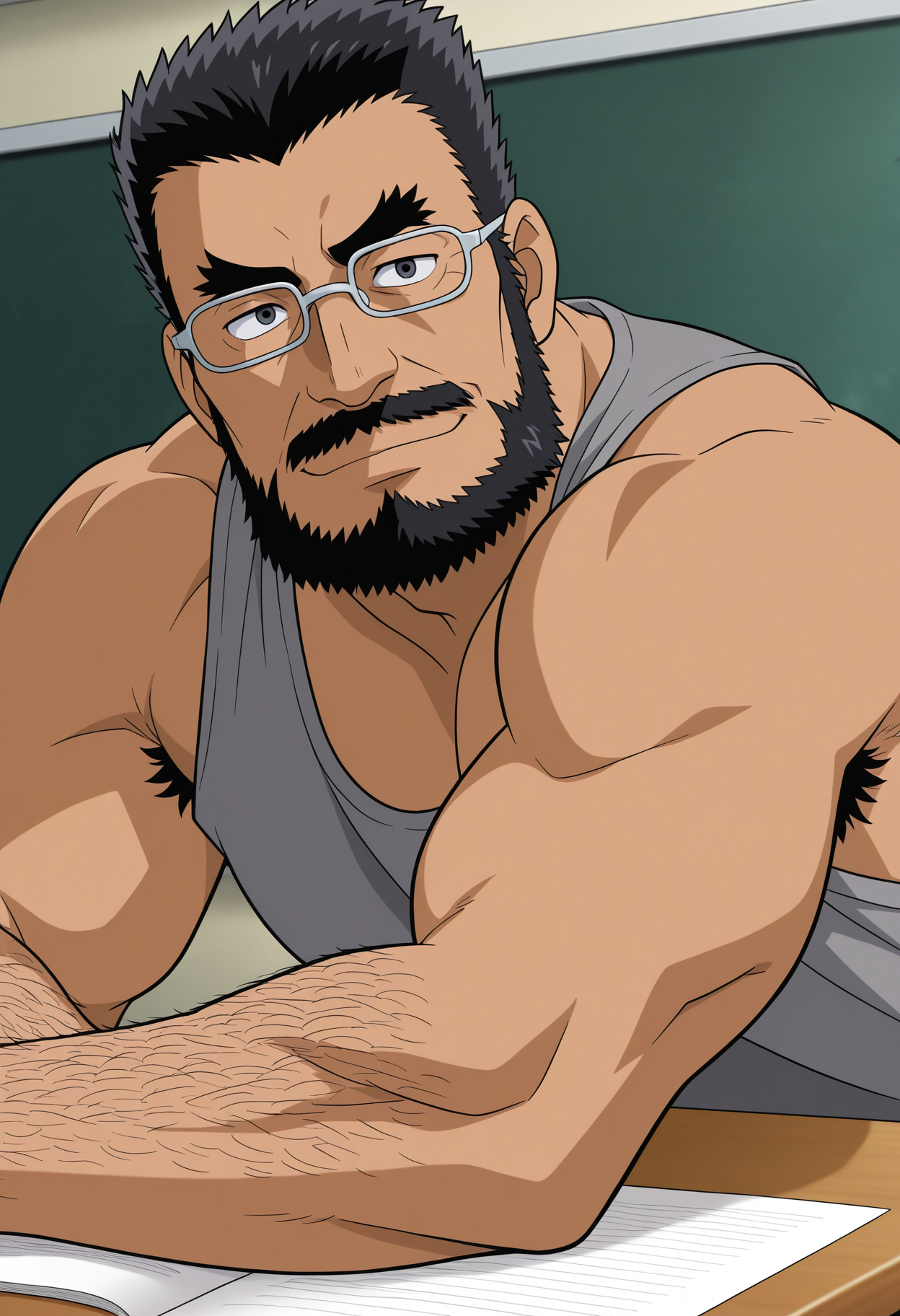 lazypos, 1boy, (close-up:1.5), light smile, looking at viewer, classroom, sitting, hands on table, leaning forward,
<lora:Kuroda_Hyoue_from_Detective_Conan_v1.0:1>, thick mustache, black hair,
kurodahyoue, mature male, long sideburns, beard stubble, thick eyebrows, forked eyebrows, glasses,
thick arm hair, armpit hair, (very long armpit hair),
grey tank top,