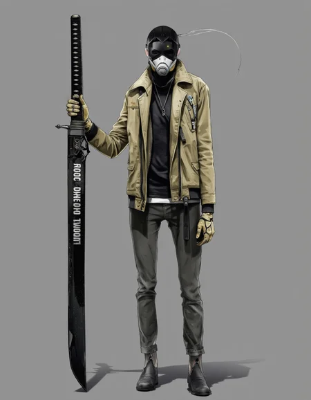 Daniel Hahn art. A digital illustration shoot from a front camera angle about a futuristic character with a gas mask and a large weapon, standing in a neutral gray background. the image also shows a humanoid figure in the middle of the image, wearing a beige military-style jacket with a zipper down the front, and a black mask covering its face. on the left side of the figure, a large, black katana with a black handle stands tall, positioned to the right of the character. the katana has a textured grip and the text "RUDDEN DEATH" is written on the side. the character has a sleek, minimalist design with a focus on advanced technology and minimalistic details. the overall aesthetic is sleek and futuristic, with a minimalist background that complements the character's design.