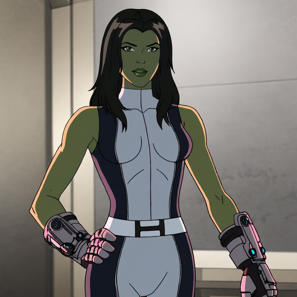 <lora:SheHulkAgentsofSmash_pony_v2:.8>  SheHulkSMASHMetalHands, black hair, makeup, lipstick, belt, medium breasts, 1girl, long hair, bodysuit, gauntlets, sleeveless, green lips, cowboy shot