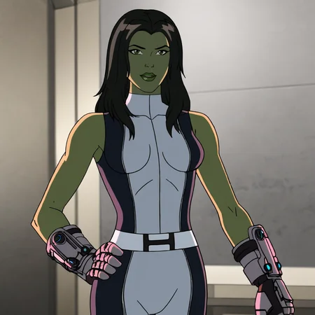 <lora:SheHulkAgentsofSmash_pony_v2:.8>  SheHulkSMASHMetalHands, black hair, makeup, lipstick, belt, medium breasts, 1girl, long hair, bodysuit, gauntlets, sleeveless, green lips, cowboy shot
