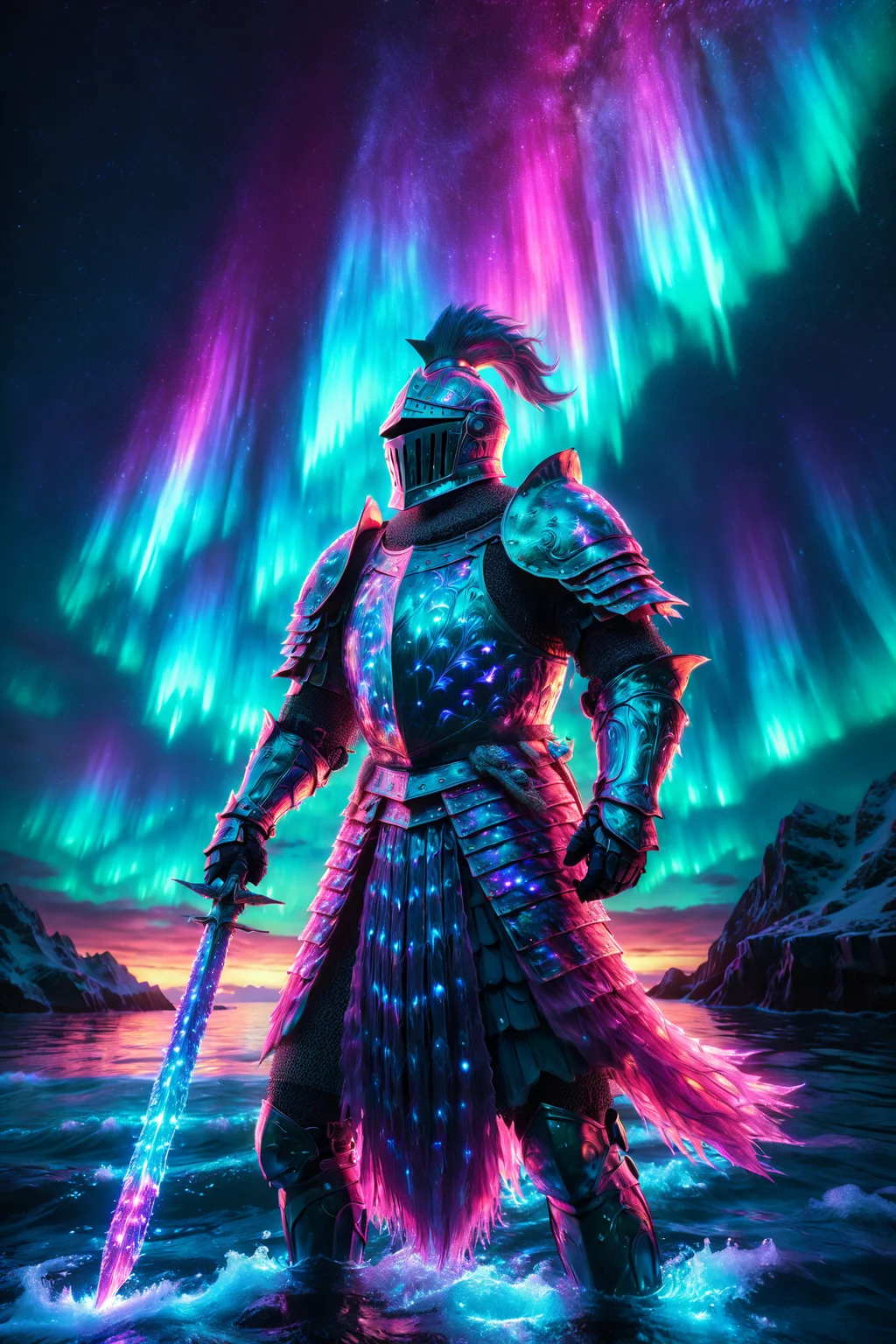 bold knight with radiant armor, morph-aurora, ocean depths with bioluminescent fish, detailed background, best quality, vibrant colors, realistic style, high detail, hyper-realistic, highres, 4K resolution, realistic photo, masterpiece, ultra-detailed, northern glow, blues and pinks, soft glow, dynamic angle, wide shot, <lora:add-detail-xl:1> <lora:aurora_0_100_V1-000009:0.65>
