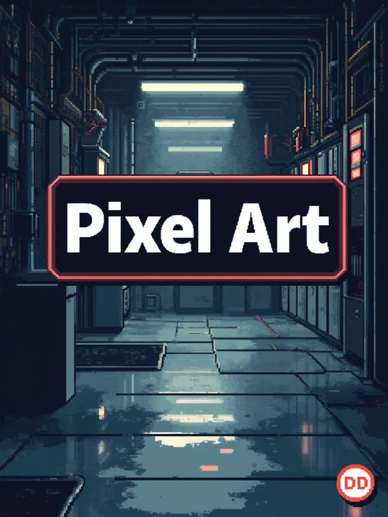 A pixel art poster for marketing. The poster main text reads: "Pixel Art". Under the main text, a small badge text reads: "DD". In the background is an industrial room with reflections on the floor. Designed by a genius and given to the common folk on the internet.<lora:General Flux\darkdescent-pixel-art.safetensors:0.9:1.0>