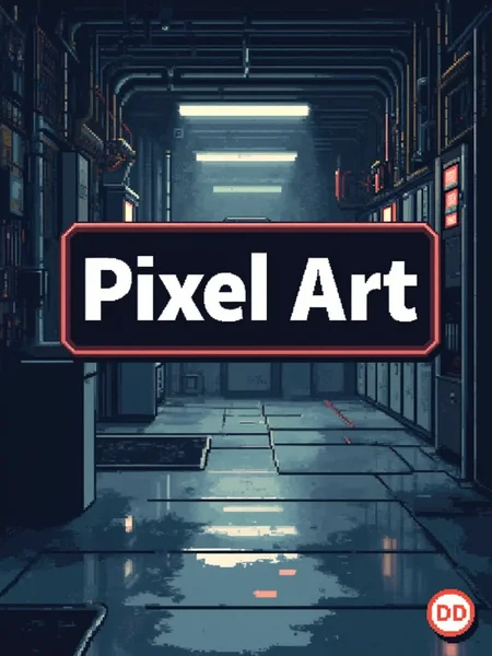 A pixel art poster for marketing. The poster main text reads: "Pixel Art". Under the main text, a small badge text reads: "DD". In the background is an industrial room with reflections on the floor. Designed by a genius and given to the common folk on the internet.<lora:General Flux\darkdescent-pixel-art.safetensors:0.9:1.0>