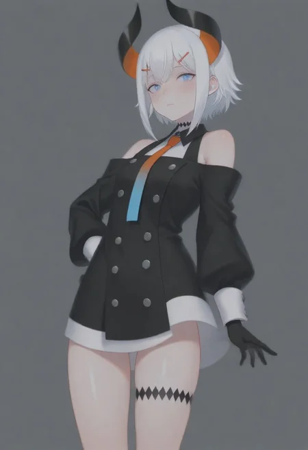 masterpiece, best quality, amazing quality,,, shiny skin,,,,,,,,nijilevi,,blue eyes,white hair,horn,pail skin,short hair,hairclip,nijilevicos,collared shirt,bare shoulder,gradient necktie,puffy long sleeves,white cuffs,black gloves,single thigh strap,