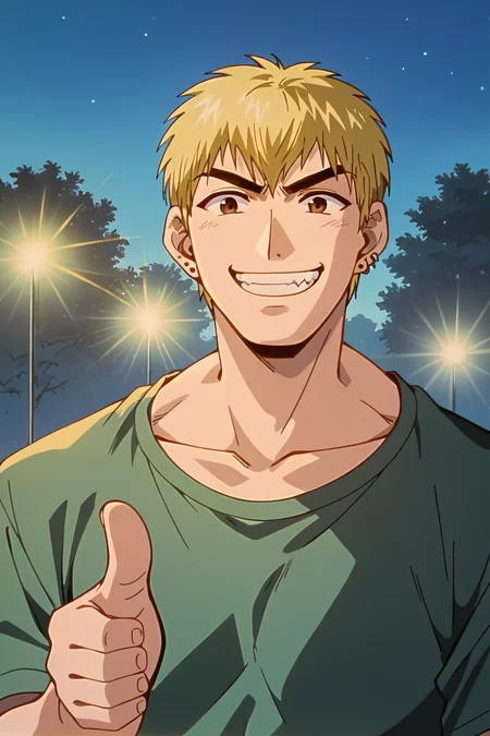 score_9, score_8_up, score_7_up, source_anime BREAK Ekiti Onizuka, muscular, blonde hair, brown eyes, short hair, ear piercing, t-shir, cargo pants, <lora:Ekiti_OnizukaSDXL:1>, wide grin, meme face, playful, thumbs up, portrait, close up, background park, at night, masterpiece, 4k, best quality